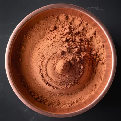 Prompt: We have a product called Alchemy Blends. Alchemy Blends is a blend of several high quality ingredients. Please create a high quality image of an alchemical powder that represents the ingredient Alpha GPC. Camera facing straight down at a light colored powder in a metallic copper bowl. Use dark setting/background and highlight the ingredient.
