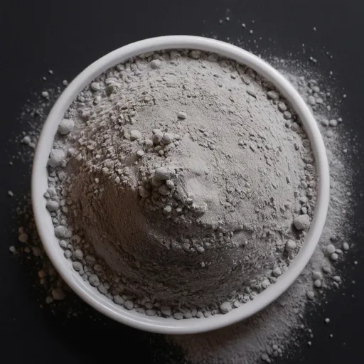 Prompt: We have a product called Alchemy Blends. Alchemy Blends is a blend of several high quality ingredients. Please create a high quality image of an alchemical powder blend representing our amino acid blend. Use a dark setting, camera facing straight down at the silver powder.
