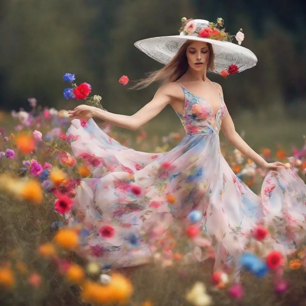 Prompt: beautiful model dancer in motion, beautiful flowers delicately attached to the dress, add hat with colorful flowers