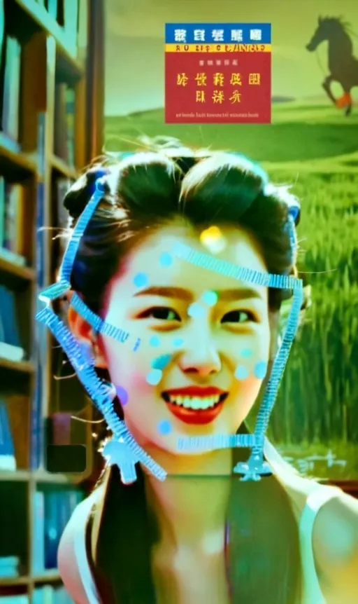 Prompt: a woman with a tiara on her head smiling at the camera with a book in the background and a bookcase in the background, Chen Yifei, dau-al-set, very very beautiful, a character portrait. She is dancing with white dress and red shoes under blue sky and on the landscape full of grass.