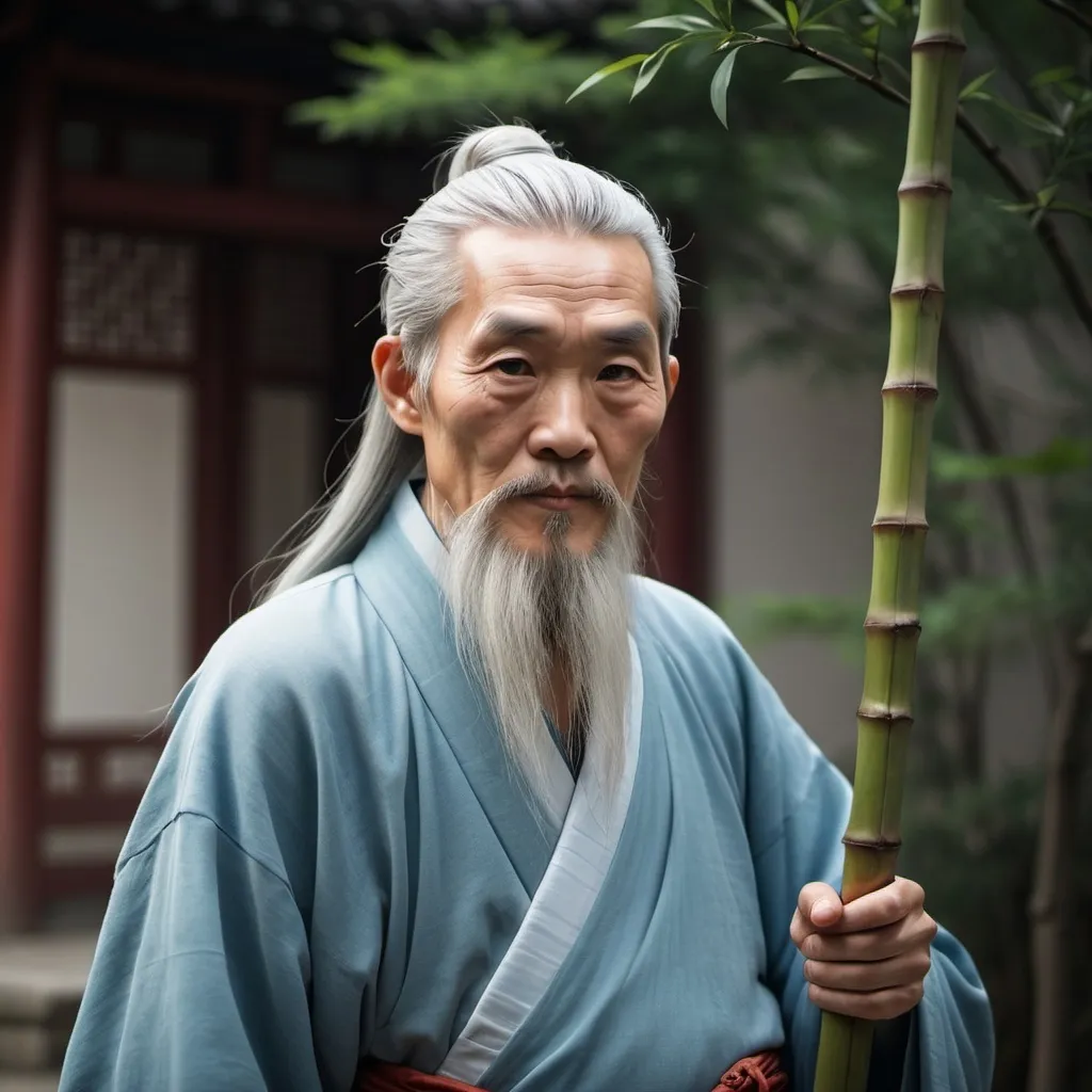 Prompt: A series of five views of an enlightened elderly Chinese sage (Laozi) in Hollywood movie style, 16:9 aspect ratio: 1) Close-up front view with silver hair and a long flowing beard, deep thoughtful eyes, and a kind, serene, and friendly expression. 2) Side view showing his calm and contemplative posture, holding a bamboo staff, with a natural and relaxed demeanor. 3) Half-body view with a gentle, wise, and affable expression, wearing a traditional Chinese robe. 4) Full-body view riding a gentle blue ox, showcasing his simple robe and bamboo staff, no stone pedestal beneath. 5) Back view with silver hair tied back, slowly walking away on the blue ox. Cinematic lighting with dramatic shadows, realistic textures, and detailed Chinese cultural elements in each view, set against a serene natural background. The character is depicted as a wise and enlightened elder, exuding a pure, peaceful, and approachable aura, all set against a white background