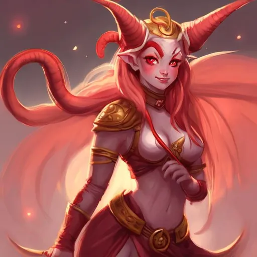Prompt: light red tiefling, female, cute and bubbly, fantasy artstyle