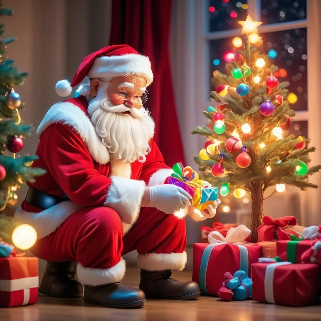 Prompt: Santa Claus putting toys for little kids under the tree with bright magical lights