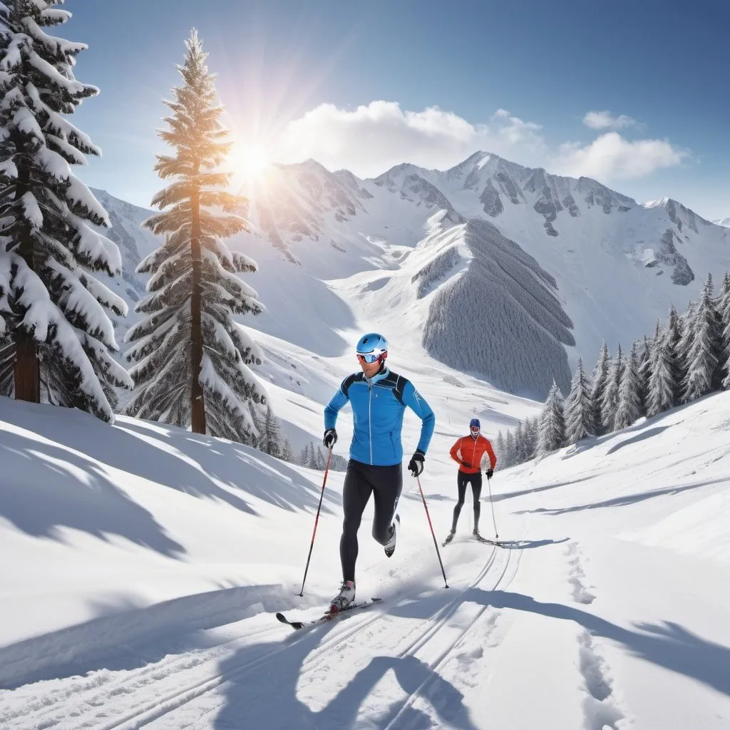 Prompt: Cross country in Obergurgl, snowy landscape, alpine beauty, high quality, realistic, scenic, winter sport, detailed ski gear, dynamic pose, snow-covered pine trees, majestic mountains, alpine setting, natural lighting
