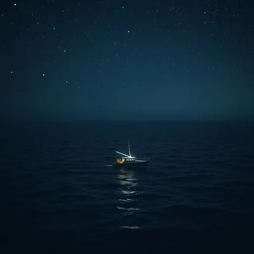 Prompt: (ship alone in the sea), (dark atmosphere), scattered stars twinkling above, a small light illuminating the boat, tranquil and serene ocean waves, deep navy and black tones in the water, subtle reflections of the stars, moody and introspective ambiance, high detail, cinematic look, starry night sky embracing loneliness, ultra-detailed.