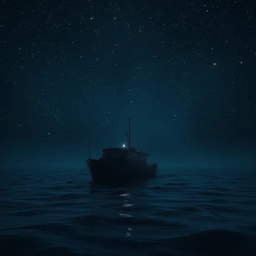 Prompt: (ship alone in the sea), (dark atmosphere), scattered stars twinkling above, a small light illuminating the boat, tranquil and serene ocean waves, deep navy and black tones in the water, subtle reflections of the stars, moody and introspective ambiance, high detail, cinematic look, starry night sky embracing loneliness, ultra-detailed.