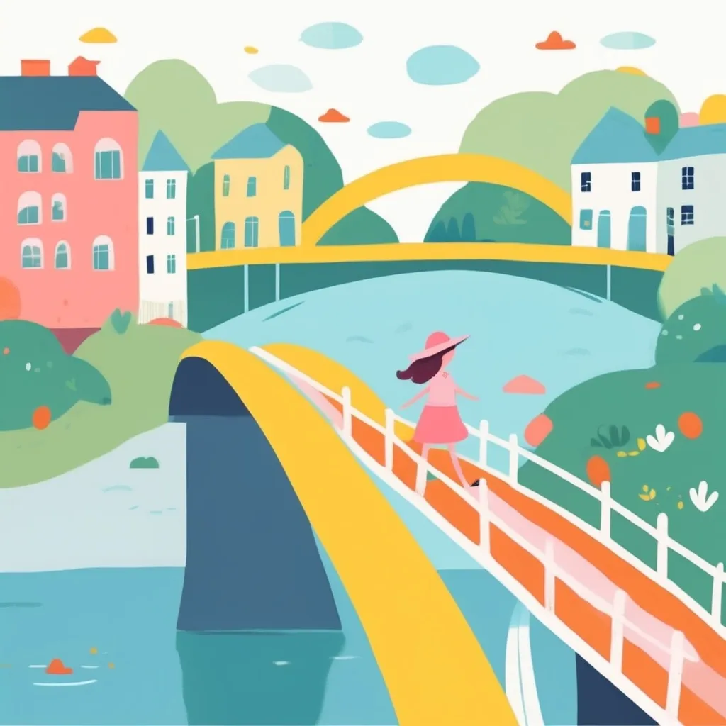 Prompt: illustration character design, cartoonish whimsical style.Girl in summer, bright colors simple shapes, little gril crossing a big bridge over a large river in summer between two cities