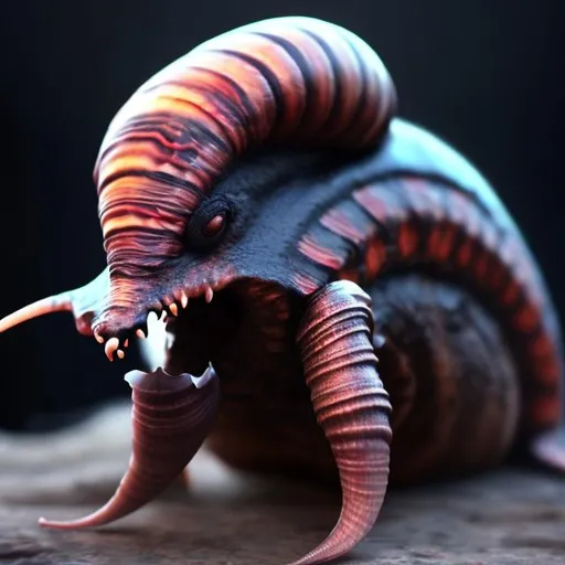 Prompt: Melting realistic demonic snail with sharp teeth attackin a person