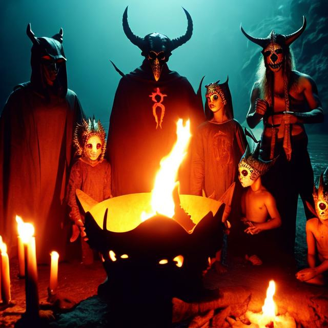 Prompt: Satanic group of cult people with animal skull helmets and tridents sacrificing and cooking an orphan baby