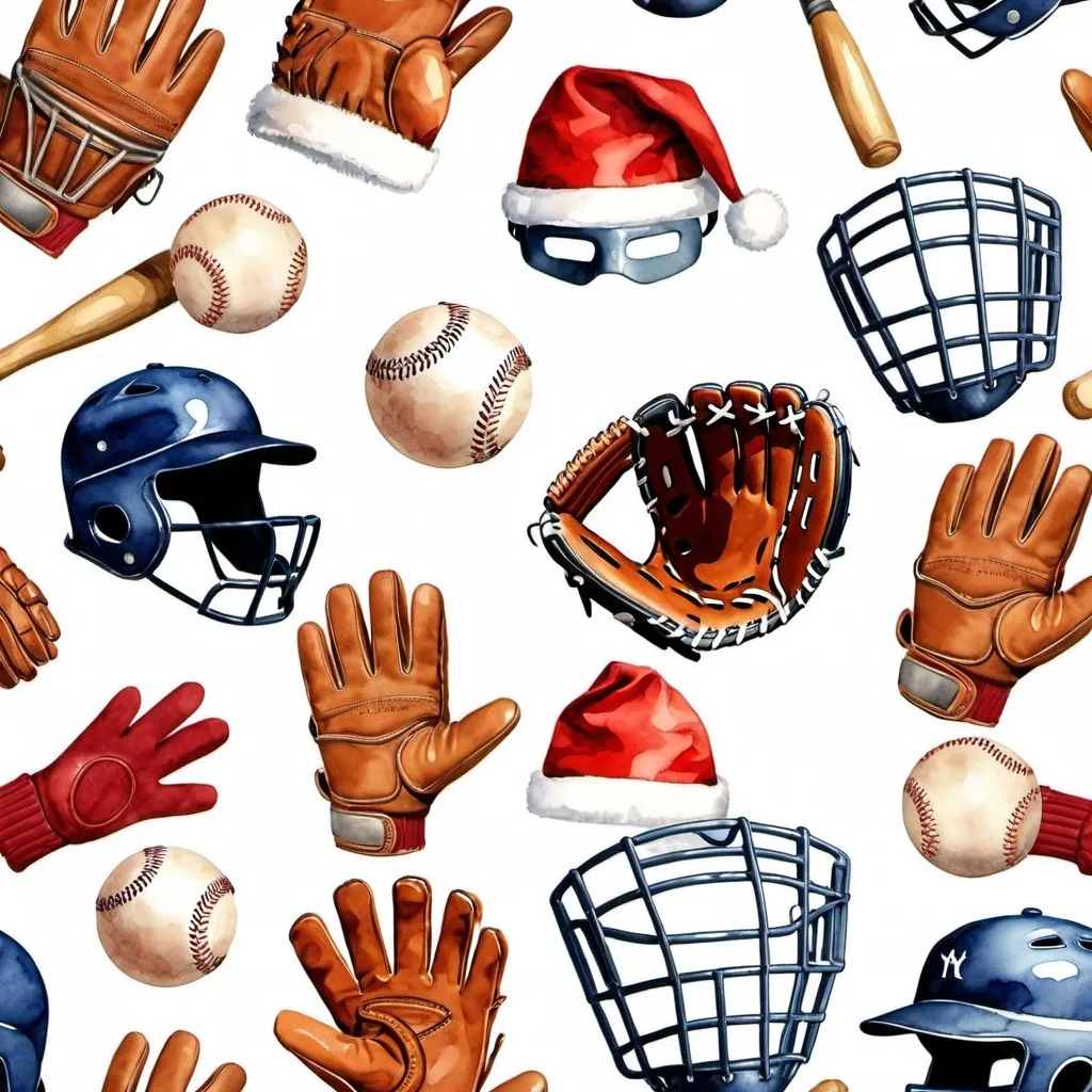 Prompt: Christmas baseball tools drawing vector, gloves, ball, Catcher’s Mask and Gear , style watercolor