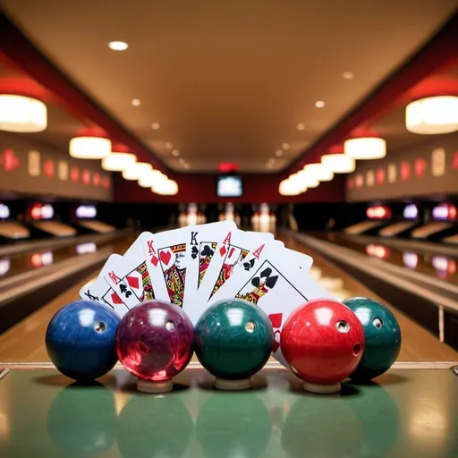 Prompt: Poker cards in 5 pin bowling