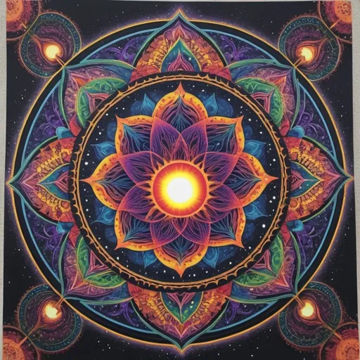 Prompt: Psychedelic sacred geometry with solar eclipse in a colorful space themed mandala