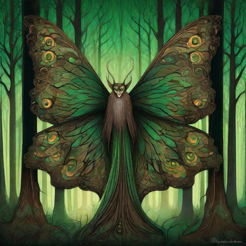 Prompt: side view, long view, fantasy detailed moth humanoid with very large wings its back, black antennae, forest background, super-detailed, Megan Duncanson and Benjamin Lacombe style, eerie, mysterious, beautiful, detailed eyes, dull , brown wings , green background, professional, atmospheric lighting