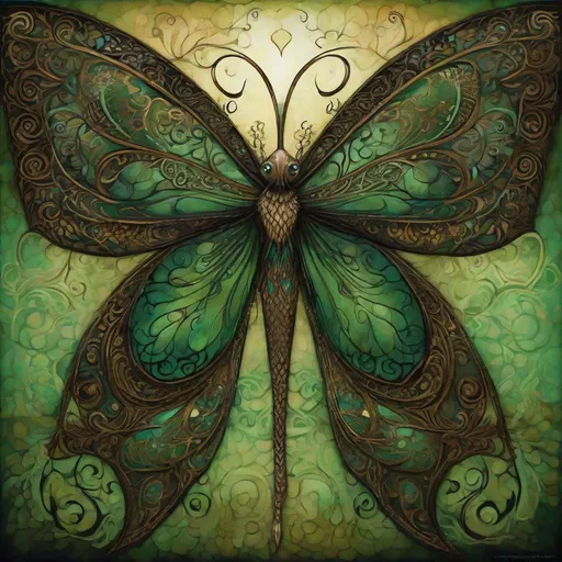 Prompt: Half side view, long view, fantasy detailed moth humanoid with very large wings its back, black antennae, ornate background, super-detailed, Megan Duncanson and Benjamin Lacombe style, eerie, mysterious, beautiful, detailed eyes, dull , brown wings , green background, professional, atmospheric lighting