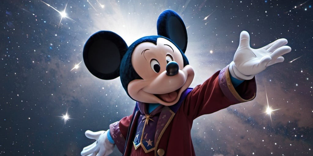 Prompt: mickey mouse is wizard reaching out stars 