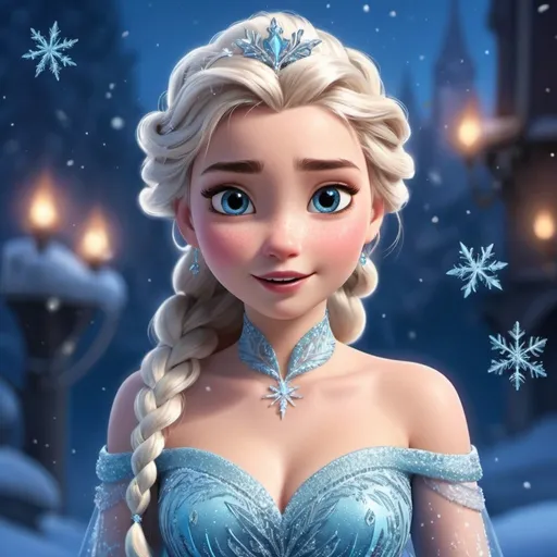 Prompt: Disney Elsa, singing with a pretty voice, powerful, ice crystal gown, magical snowflakes, high quality, Disney style, cool tones, magical lighting, detailed braided hair, enchanting atmosphere, sparkling details