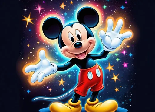 Prompt: Mickey Mouse with magical star power, vibrant cartoon illustration, fantasy theme, glowing stars, whimsical magic, Disney style, vibrant colors, magical aura, high quality, detailed artwork, cartoon, fantasy, vibrant colors, magical stars, whimsical, Disney style, artistic, vibrant lighting