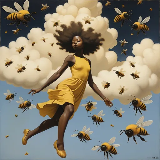 Prompt: a painting of a girl in a yellow dress flying through the air with bees around her and a cloud in the background, Brad Kunkle, afrofuturism, album cover, an album cover