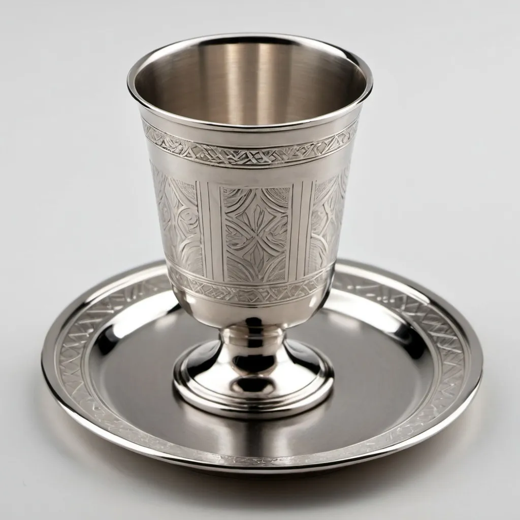 Prompt: Kiddush cup with tray. clean etching line design 