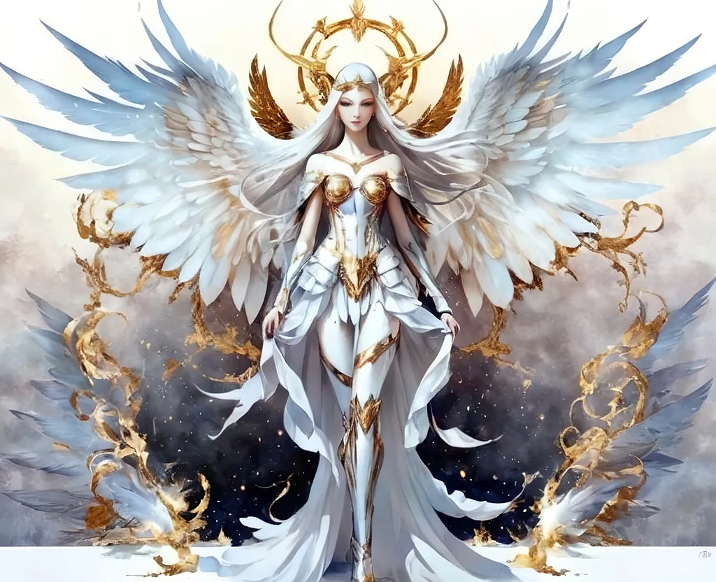 Prompt: "The image shows a female figure with an angelic appearance, featuring outstretched wings and an epic fantasy style. She wears partial golden armor that covers her chest and a helmet that partially obscures her eyes, giving her an air of mystery. Her outfit is asymmetrical, combining elements of armor and form-fitting clothing in white and gold tones, leaving one leg exposed. The wings, large and detailed, are adorned with white feathers, adding to her majestic appearance. The figure's pose is powerful and elegant, set against a background of dark tones and lights that highlight her silhouette."