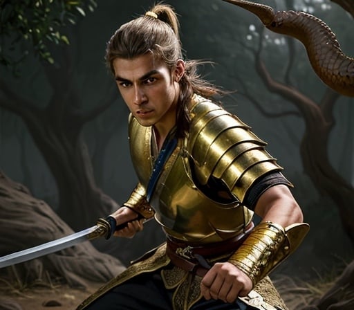 Prompt: Young British man with a small ponytail, fighting a snake, heavy sword fighting, gold sandalwood tree, detailed, action, adventure, fantasy, brave, intense lighting, epic battle, historical, detailed clothing, heroic, courage, golden tones, dramatic shadows