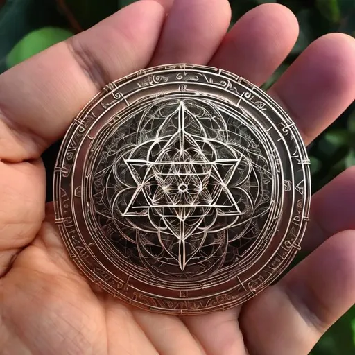 Prompt: Sacred geometry talisman for the blesding of Kenneth David Thomas, intricate design, radiant energy, mystical symbols, ethereal glow, high quality, mystical, intricate details, sacred geometry, radiant energy, blessing, symbolic,  custom-made, divine, sacred, divine magic money blessing