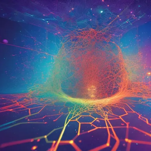 Prompt: Mindmap spacetime, digital illustration, interconnected nodes, cosmic backdrop, vibrant colors, intricate details, high quality, futuristic, surreal lighting