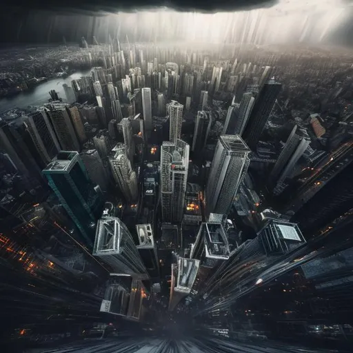 Prompt: Terrifying, vertigo-inducing heights, realistic 3D rendering, towering skyscrapers, ominous storm clouds, dizzying perspective, intense fear, high adrenaline, immersive quality, realistic, 3D rendering, dark and gloomy, unsettling atmosphere, detailed architecture, extreme height, atmospheric lighting