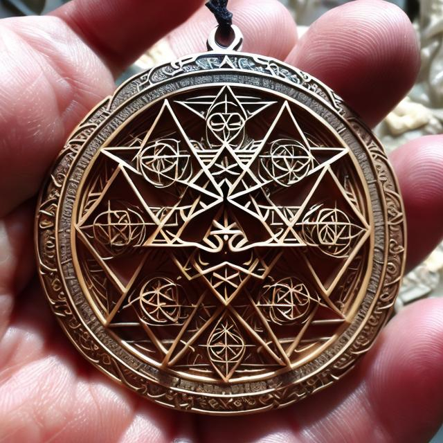 Prompt: Sacred geometry talisman for Kenneth David Thomas, intricate design, radiant energy, mystical symbols, ethereal glow, high quality, mystical, intricate details, sacred geometry, radiant energy, blessing, symbolic, custom-made, divine, sacred, detailed craftsmanship