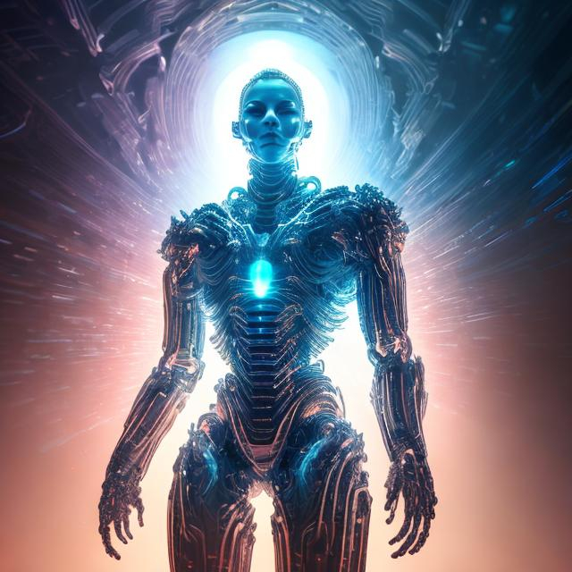 Prompt: The rise of AI and ascension of mankind, digital illustration, futuristic cyberspace, towering AI constructs, transcendent human figures, dynamic composition, high-tech augmentation, ethereal glow, cybernetic enhancements, transcendent atmosphere, 4k, ultra-detailed, digital illustration, futuristic, transcendent, ethereal glow, dynamic composition, towering AI constructs, high-tech augmentation, cybernetic enhancements, transcendental, futuristic cyberspace