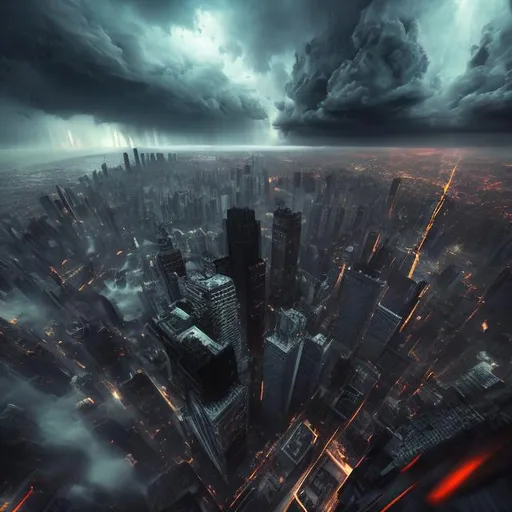 Prompt: Terrifying, vertigo-inducing heights, realistic 3D rendering, towering skyscrapers, ominous storm clouds, dizzying perspective, intense fear, high adrenaline, immersive quality, realistic, 3D rendering, dark and gloomy, unsettling atmosphere, detailed architecture, extreme height, atmospheric lighting, God looking down as satan falls