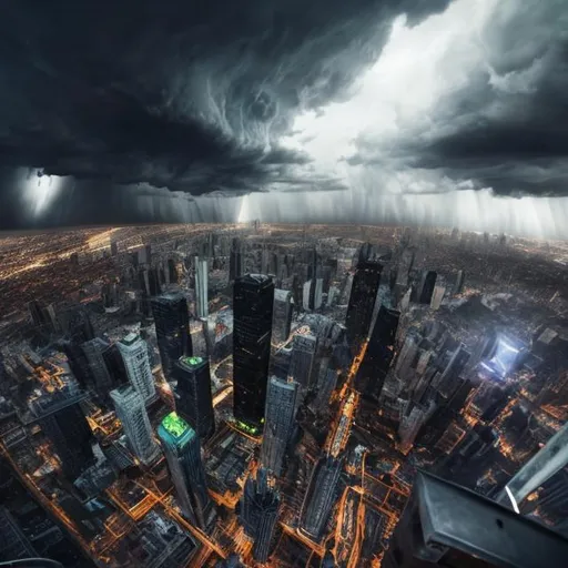 Prompt: Terrifying, vertigo-inducing heights, realistic 3D rendering, towering skyscrapers, ominous storm clouds, dizzying perspective, intense fear, high adrenaline, immersive quality, realistic, 3D rendering, dark and gloomy, unsettling atmosphere, detailed architecture, extreme height, atmospheric lighting