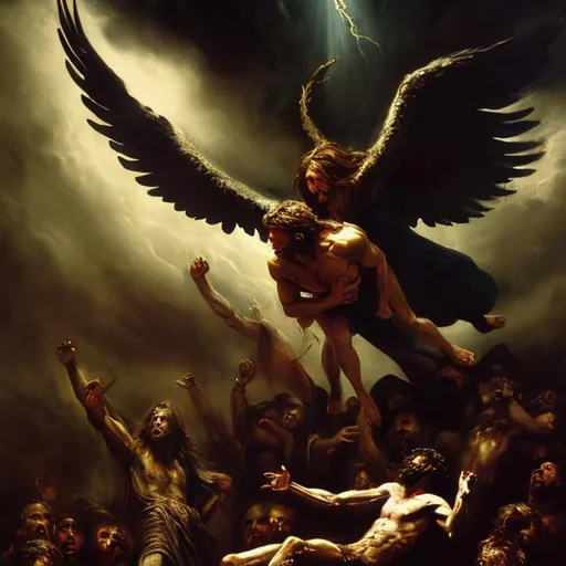 Prompt: The fall of man and Lucifer, oil painting on canvas, dramatic biblical scene, high definition, detailed brushwork, dark and moody atmosphere, symbolic imagery, intense emotions, warm and cool contrast, divine light breaking through the darkness, epic composition, human figures in turmoil, angelic and demonic presence, spiritual struggle, rich and vibrant colors, religious symbolism, traditional art style