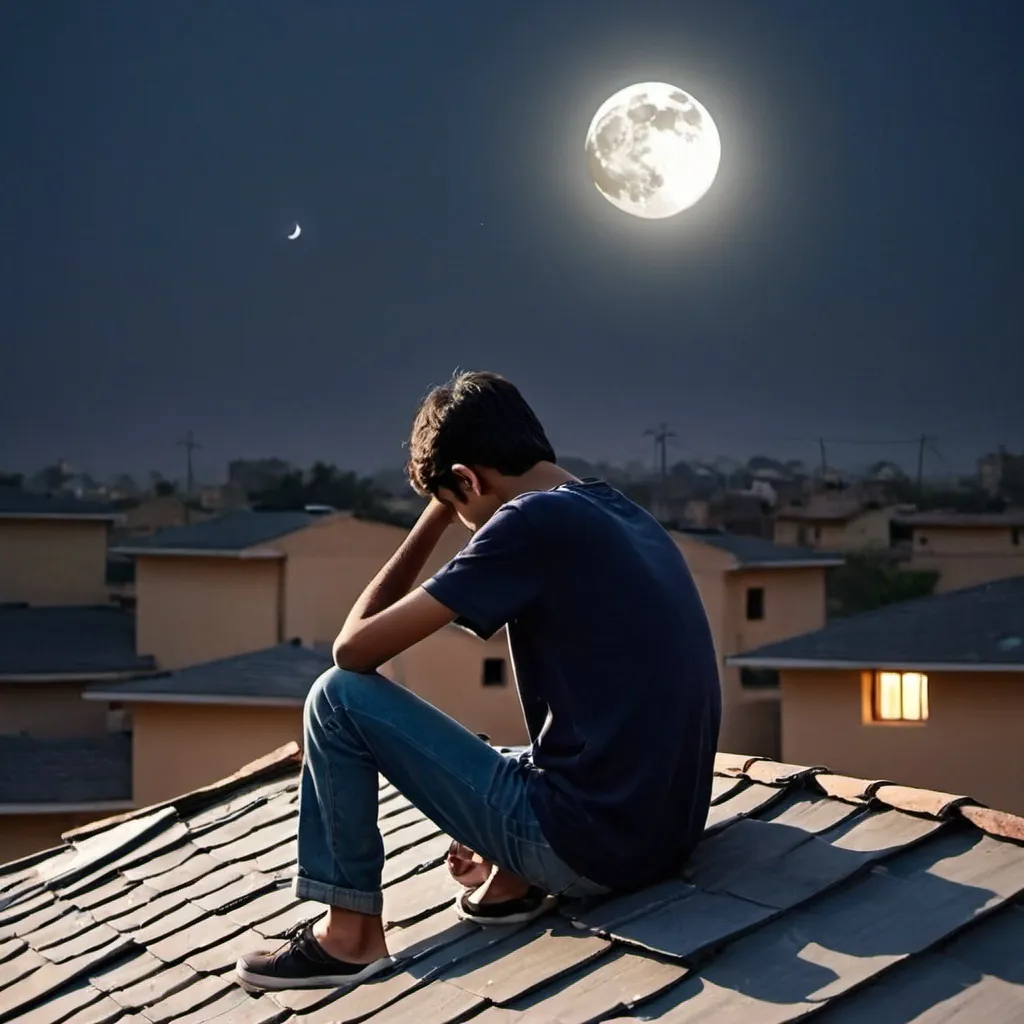 Prompt: Teen pakistani broken heart with sad feeling at roof to watching half moon at house