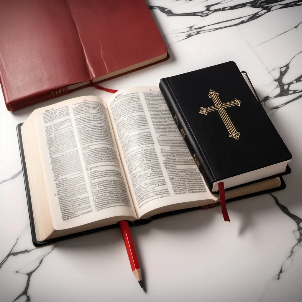 Prompt: Background and color is marble and black bible with red surface and open bible is set and slight light come out from word and golden light no black background pleaes and pencil and study environment