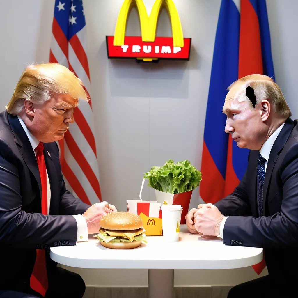 Prompt: Donald Trump, and Putin, have Mcdonald’s for lunch together