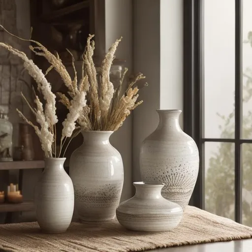 Prompt: Photo of white vase, ceramic, artisan, pottery barn themed, glazed finish, dried florals, cozy atmosphere, warm tones, detailed craftsmanship, inviting ambiance, professional product photography, high quality, cozy, clean and minimalistic, closeup, warm and inviting, soft natural lighting, stylish design, detailed textures, photography