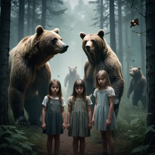 Prompt: Young girls being protected by bears in sinister woods, fog, dark, fireflies, decay 
