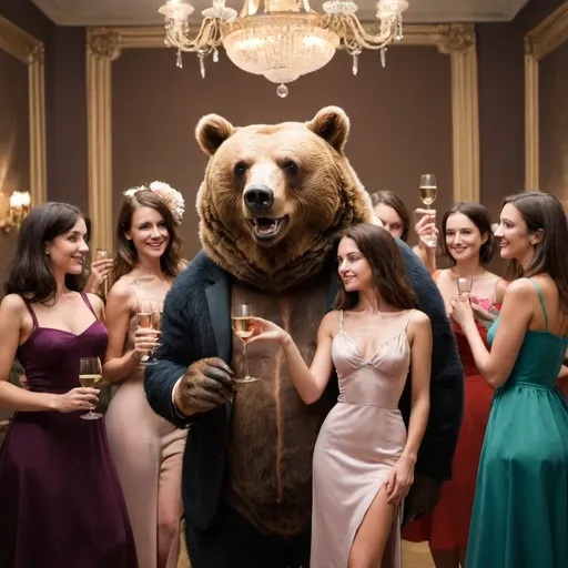 Prompt: Women and bear at a fancy party

