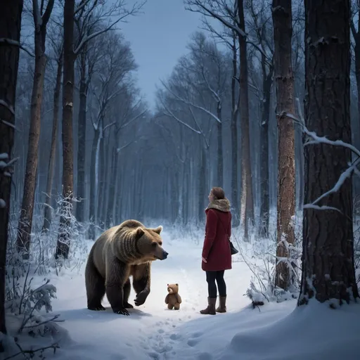 Prompt: A woman and a bear, stopping by woods on a snowy evening 