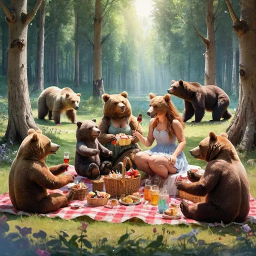 Prompt: Many happy women and bears at a picnic in the fairy forest