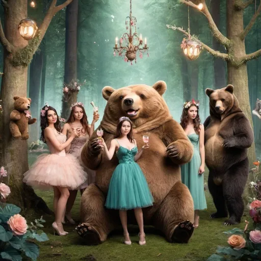 Prompt: Women and bear at a fancy party in the fairy forest 
