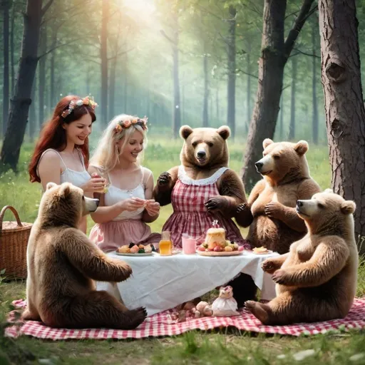 Prompt: Many happy women and bears at a picnic in the fairy forest