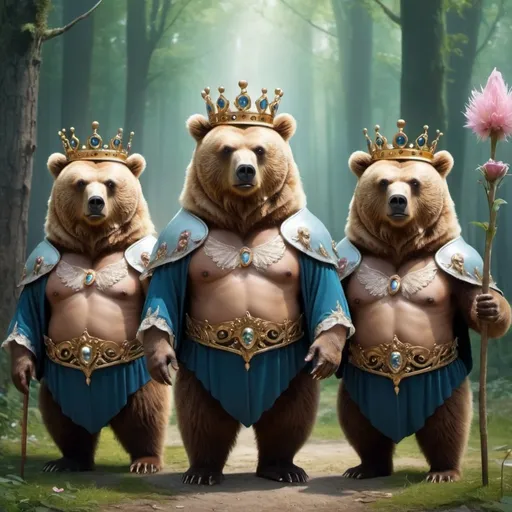Prompt: Bears as a fairy queen's bodyguards 
