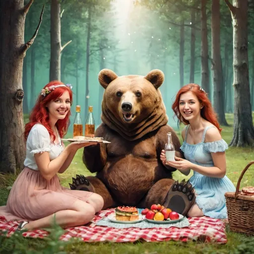 Prompt: Happy women and a bear at a picnic in the fairy forest
