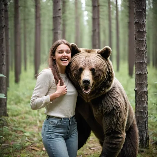 Prompt: Happy women in woods with a bear
