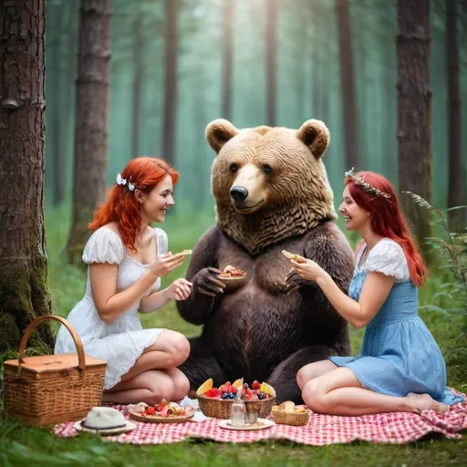 Prompt: Happy women and a bear at a picnic in the fairy forest
