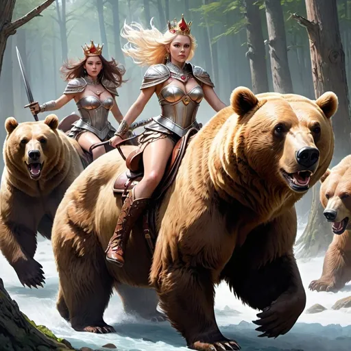 Prompt: Fantasy queens riding bears in to battle
