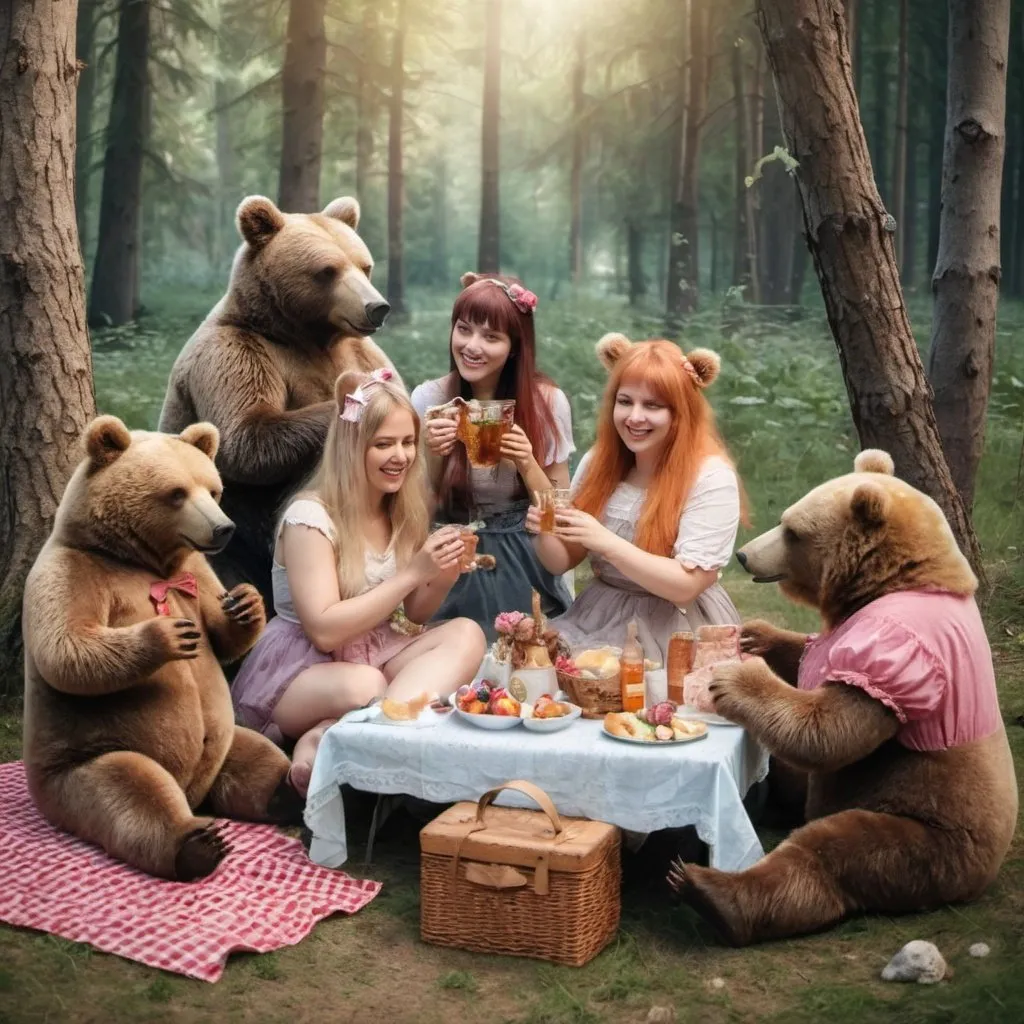 Prompt: Many happy women and bears at a picnic in the fairy forest