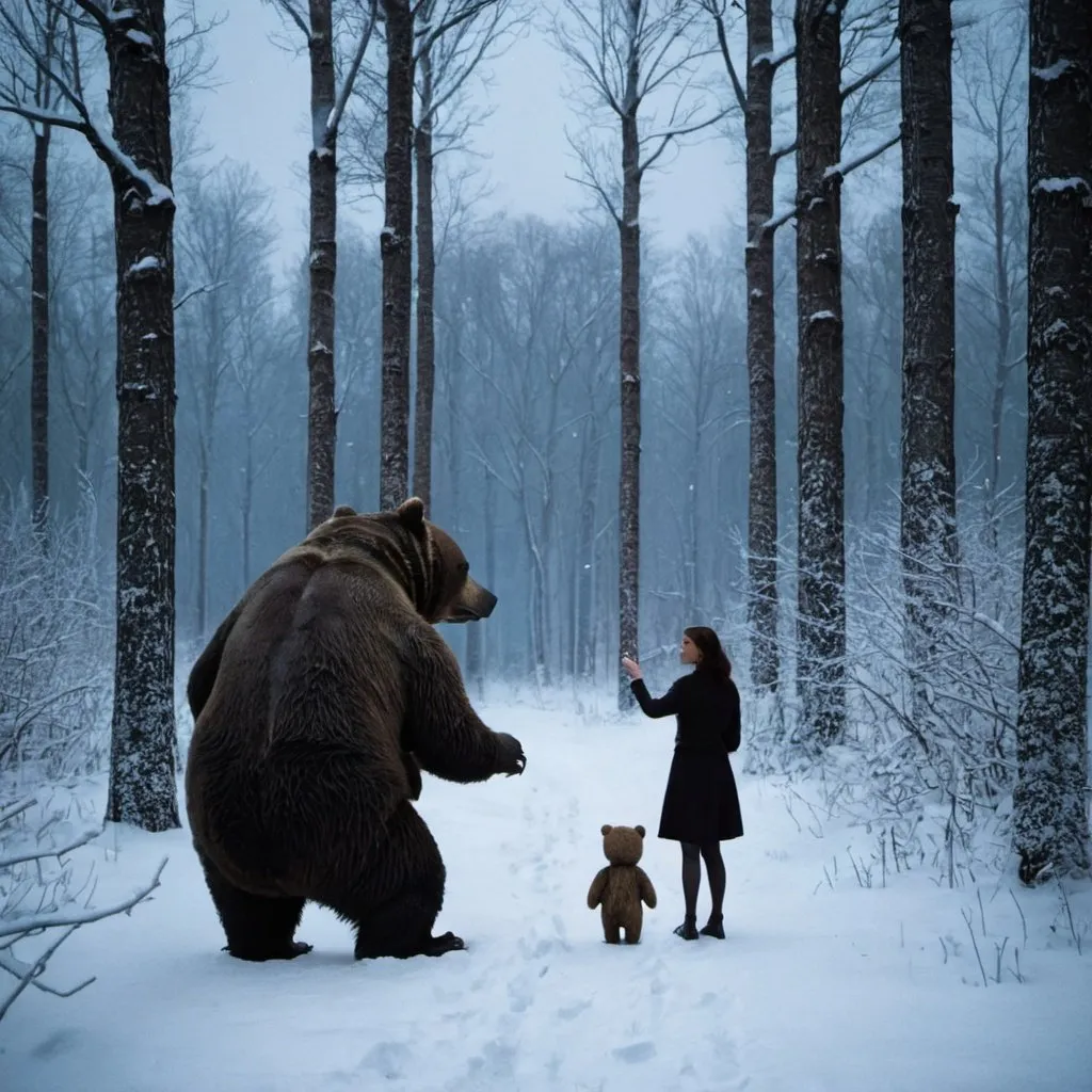 Prompt: A woman and a bear, stopping by woods on a snowy evening 